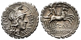 Aurelius. M. Aurelius Scaurus. Denarius. 118 BC. Narbo. (Ffc-186). (Craw-282/1). Anv.: Head of Roma right, wearing helmet of Phrygian form, M. AVRELI....