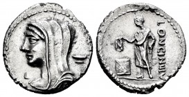 Cassius. L. Cassius Longinus. Denarius. 55 BC. Rome. (Ffc-561). (Craw-413/1). (Cal-415). Anv.: Draped bust of Vesta veiled Ieft, kylix behind, letter ...