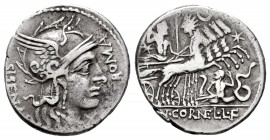Cornelius. Cnaeus Cornelius L.f. Sisenna. Denarius. 118 BC. Norte de Italia. (Ffc-616). (Craw-310/1). (Cal-477). Anv.: Head of Roma rgiht, ROMA before...