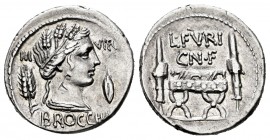 Furius. L. Furius Cn. f. Brocchus. Denarius. 63 BC. Rome. (Ffc-736). (Craw-414/1). (Cal-607). Anv.: Bust of Ceres right, but lock of hair falls down n...