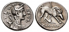Hosidius. C. Hosidius C.f. Geta. Denarius. 68 BC. South of Italy. (Ffc-748). (Craw-407/2). (Cal-618). Anv.: Diademed head of Diana draped right, bow a...