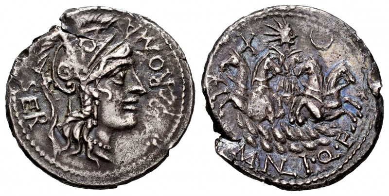 Manlius. A. Manlius Q.f. Sergia. Denarius. 118-117 BC. Uncertain mint. (Ffc-838)...