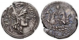 Manlius. A. Manlius Q.f. Sergia. Denarius. 118-117 BC. Uncertain mint. (Ffc-838). (Craw-309/1). (Cal-923). Anv.: Head of Roma right, ROMA., before, SE...