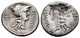 Manlius. L. Manlius Torquatus. Incuse denarius. 82 BC. (Ffc-839). (Craw-367/5). (Cal-924). Anv.: Head of Roma right, L. MANLI., before PRO. Q. behind....