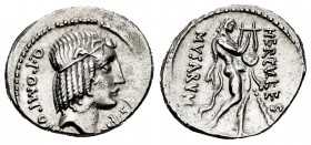 Pomponius. Q. Pomponius Rufus. Denarius. 66 BC. Rome. (Ffc-1032). (Craw-410/1). (Cal-1179). Anv.: Diademed head of Apollo right, Q. POMPONl behind, MV...