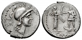 Pompeius Magnus. M. Poblicius, legate pro praetore. Denarius. 46-45 d.C. Hispania. Corduba?. (Craw-469/1a). (Rsc-1). Anv.: Helmeted head of Roma right...
