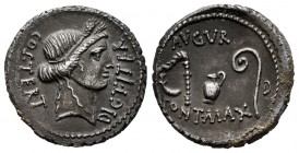 Julius Caesar. Denarius. 46 BC. Africa. (Ffc-3). (Craw-467/1a). (Cal-649). Anv.: COS. TERT. DICT. ITER., head of Ceres right. Rev.: AVGVR. above simpu...