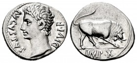 Augustus. Denarius. 15 a.C. Lugdunum. (Ric-167b). (Bmcre-455). (Rsc-139). Anv.: AVGVSTVS DIVI•F, bare head left. Rev.: Bull butting to right; IMP•X in...