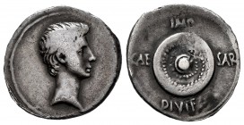 Augustus. Denarius. 31 BC. Uncertain mint. (Ffc-101). (Ric-543a). (Cal-682). Anv.: Bare head of Augustus right. Rev.: IMP., above round shield dividin...