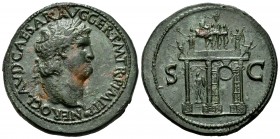 Nero. Sestertius. 64 AD. Rome. (Ric-149). (Bmcre-185). (C-308). Anv.: NERO CLAVDIVS CAESAR AVG GERM P M TR P IMP P P, laureate bust to right neck fini...