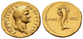 Domitian. Aureus. 76 AD. Rome. (Ric-918). (Ch-46). (Cal-817). Anv.: CAESAR AVG F DOMITIANVS. Laureate bust right. Rev.: COS IIII. Cornucopie with frui...