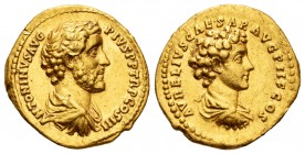 Antoninus Pius and Marcus Aurelius. Aureus. 140 AD. Rome. Issue with M. Aurelius as Caesar. (Ric-416). (Cal-1424). Anv.: ANTONINVS AVG PIVS P P TR P C...