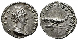 Diva Faustina. Denarius. 141 AD. Rome. (Ric-384). Anv.: DIVA FAVSTINA, bust draped right. Rev.: CONSECRATIO, peacock walking right, head left. Ag. 3,6...