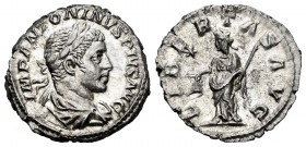 Elagabalus. Denarius. 218-222 AD. Rome. (Ric-111). Anv.: IMP ANTONINVS PIVS AVG, laureate and draped bust right, with slight beard. Rev.: LIBERTAS AVG...