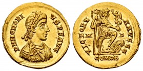 Honorius. Solidus. 394-395 AD. Mediolanum. (Ric-X 1206a). (Depeyrot-16/2). Anv.: D N HONORIVS P F AVG, pearl-diademed, draped and cuirassed bust to ri...