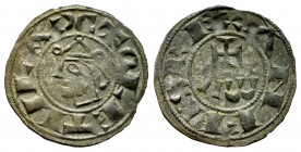 Kingdom of Castille and Leon. Alfonso VII (1126-1157). Dinero. Toledo. (Bautista-44). Anv.: X TOLETULA. Bust left. Rev.: ANFUS REX. Alpha and Omega be...