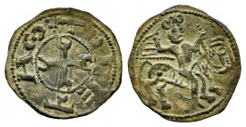 Kingdom of Castille and Leon. Alfonso VIII (1158-1214). Obol. No mint mark. (Bautista-284). Anv.: TOLETAS. Cross. Rev.: Alfonso VIII on horseback. Ve....