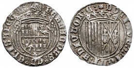 Catholic Kings (1474-1504). 1 real. Coruña. (Cal-323). Anv.: FERNANDVS:ET:ELISABET:. Rev.: (Rorseta) DOMINVS:MICHI:ADIVTOR:E:. Ag. 3,43 g. Before the ...