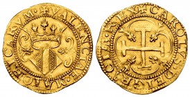 Charles I (1516-1556). Corona. Valencia. (Cal-123). Anv.: + CAROLVS· DEI GRACIA· REX. Rev.: + VALENCIAE· MAIORICARVM·. Au. 3,25 g. Full legends. Very ...