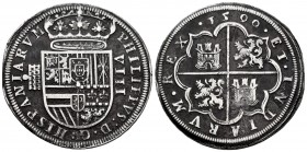 Philip II (1556-1598). 8 reales. 1590. Segovia. (Cal-695). Ag. 26,75 g. Aqueduct with two rows of four arches. Without ornaments. Rare. Choice VF. Est...