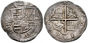 Philip II (1556-1598). 8 reales. Sevilla. F/d cuadrada. (Cal-724). Ag. 27,28 g. Assayer F over Square "d" on reverse. Very rare. VF/Choice VF. Est...1...