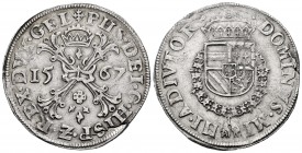Philip II (1556-1598). 1 escudo of Burgundy. 1567. Nimega. (Vti-1310). (Vanhoudt-290.NIJ). Ag. 28,96 g. Thin crack. Attractive specimen. XF. Est...300...
