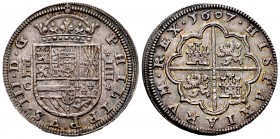 Philip III (1598-1621). 4 reales. 1607. Segovia. C. (Cal 2008-unlisted). (Cal 2019-unlisted). (Cy-4738). Ag. 13,64 g. First year of minting coins with...