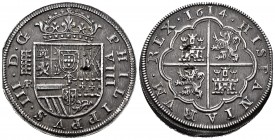 Philip III (1598-1621). 8 reales. 1614. Segovia. AR. (Cal-946). Ag. 26,97 g. Aqueduct with two rows of ive arches. Striking defect that goes through t...