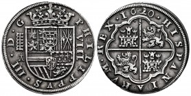 Philip III (1598-1621). 8 reales. 1620. Segovia. A superada de cruz. (Cal-950). Ag. 26,51 g. Striking defect on obverse. Tone. Rare. Almost XF. Est......