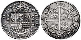 Philip IV (1621-1665). 8 reales. 1630. Segovia. P. (Cal-1588). Ag. 24,81 g. Three fleurs de lis on Burgundy. Aqueduct with one row of four arches and ...