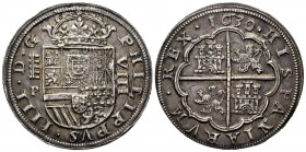 Philip IV (1621-1665). 8 reales. 1630. Segovia. P. (Cal-1588). Ag. 27,69 g. VIII on the right, horizontal aqueduct and assayer left. Wonderful toned. ...