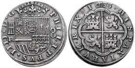 Philip IV (1621-1665). 8 reales. 1630. Segovia. B/R. (Cal-1603). Ag. 25,75 g. Aqueduct with two rows of two arches. Three fleurs de lis on Burgundy. V...