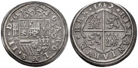 Charles II (1665-1700). 8 reales. 1682. Segovia. M. (Cal-763). Ag. 24,71 g. CAROLVS over PHILIPPVS. With escutcheon of Portugal. Minor nick on reverse...