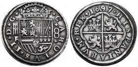 Charles II (1665-1700). 8 reales. 1797/82. Segovia. F/BR. (Cal-771). Ag. 26,62 g. Overdate. Rectified assayer mark. Without escutcheon of Portugal. To...