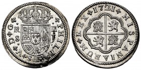 Philip V (1700-1746). 2 reales. 1721. Sevilla. J. (Cal-979). Ag. 5,86 g. Gorgeous specimen. Plenty of original luster. Excess of metal on obverse. Ver...