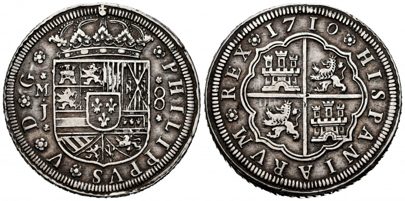 Philip V (1700-1746). 8 reales. 1710. Madrid. J. (Cal-1337). Ag. 25,82 g. Mintma...