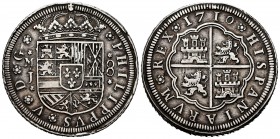 Philip V (1700-1746). 8 reales. 1710. Madrid. J. (Cal-1337). Ag. 25,82 g. Mintmark above assayer on the left and value 8 on the right of the shield. T...