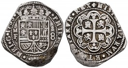 Philip V (1700-1746). 8 reales. 1733. México. MF. (Cal-1431). Ag. 26,55 g. Klippe Cob. A good sample. Rare in this condition. Choice VF. Est...900,00....