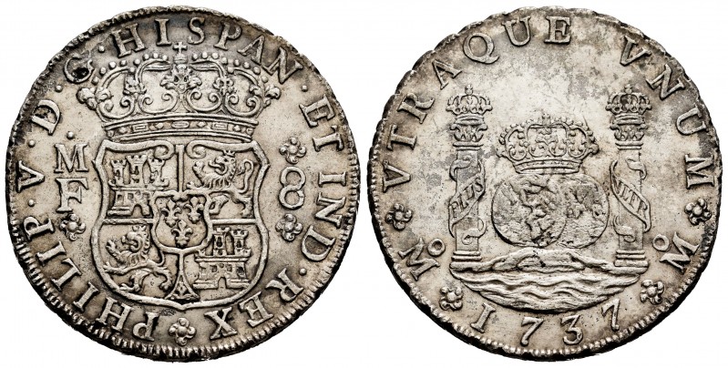 Philip V (1700-1746). 8 reales. 1737. México. MF. (Cal-1446). Ag. 26,57 g. Almos...