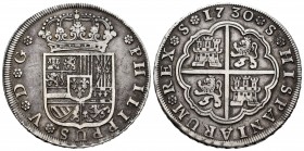 Philip V (1700-1746). 8 reales. 1730. Sevilla. (Cal-1622). Ag. 26,85 g. Without value and assayer indication. Beautiful tone. Very scarce. Choice VF. ...
