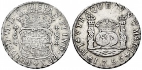 Fernando VI (1746-1759). 8 reales. 1756. Lima. JM. (Cal-462). Ag. 26,84 g. Punto sobre las dos LMA. MBC+. Est...300,00.