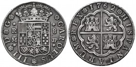 Charles III (1759-1788). 8 reales. 1762. Madrid. JP. (Cal-1061). Ag. 26,51 g. Tone. Scarce. VF. Est...600,00. 

Carlos III (1759-1788). 8 reales. 17...