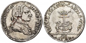 Charles IV (1788-1808). "Proclamation" medal. 1789. Cartagena de Indias. (H-126). (Medina-138). Ag. 17,64 g. 4 reales module. Very rare. AU. Est...100...