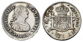 Charles IV (1788-1808). 1/2 real. 1801. México. FT. (Cal-287). Ag. 1,69 g. Attractive. Scarce in this grade. UNC. Est...175,00. 

Carlos IV (1788-18...
