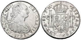 Charles IV (1788-1808). 8 reales. 1791. México. (Cal-953). Ag. 26,93 g. First-year king´s bust. Small planchet flaws. It retains some luster. A good s...