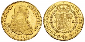 Charles IV (1788-1808). 2 escudos. 1801. Madrid. FA/MF. (Cal-1302). Au. 6,77 g. Rectified assayers marks. Minimal scratch on obverse. Original luster....