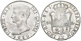 Joseph Napoleon (1808-1814). 20 reales. 1810. Madrid. AI. (Cal-37). Ag. 27,49 g. Large eagle. Original luster. Rare in this condition. Almost UNC. Est...