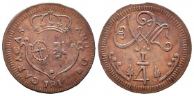 Ferdinand VII (1808-1833). 1/4 real. 1817. Caracas. (Cal-66). Ae. 2,61 g. Small date. Scarce. Choice VF. Est...110,00. 

Fernando VII (1808-1833). 1...
