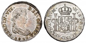 Ferdinand VII (1808-1833). 1 real. 1812. Guatemala. M. (Cal-552). Ag. 3,34 g. Minimal hairlines on obverse. Original luster. Attractive tone. Very rar...