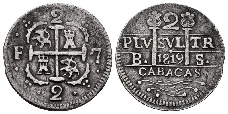Ferdinand VII (1808-1833). 2 reales. 1819. Caracas. BS. (Cal-732). Ag. 5,09 g. L...